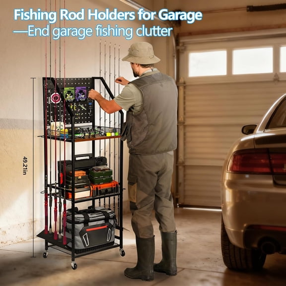 Heavy Duty Fishing Rod Rack for Garage with Wheels, 3-Tier Rolling Holder Holds 12 Poles