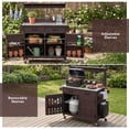 thumbnail image 6 of 54.1" Outdoor Kitchen Island with High Shelf, Large Outdoor Potting Bench Table with Stainless Steel Top and Storage Cabinet, Solid Wood Grill Cart With Lockable Wheels for BBQ, Garden, Brown, 6 of 23