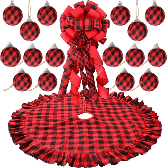 Christmas Decorations Buffalo Plaid Christmas Tree Topper Wreath Bow Christmas Tree Skirt 16 Pieces Buffalo Plaid Ball Ornaments Hanging for Christmas Tree Decoration Supplies (Red Black)