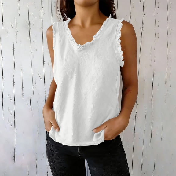 Warop Woman's Round Neck Tank Top, Sleeveless with Fringe Detail, Cotton Linen Blend Solid Color for Casual Daily Wear
