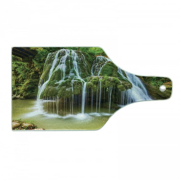 Waterfall Cutting Board, Water Falls to Lake Above Rock Umbrella Covered with Botanic Plants Photo, Tempered Glass Cutting and Serving Board, Wine Bottle Shape, White and Green, by Ambesonne