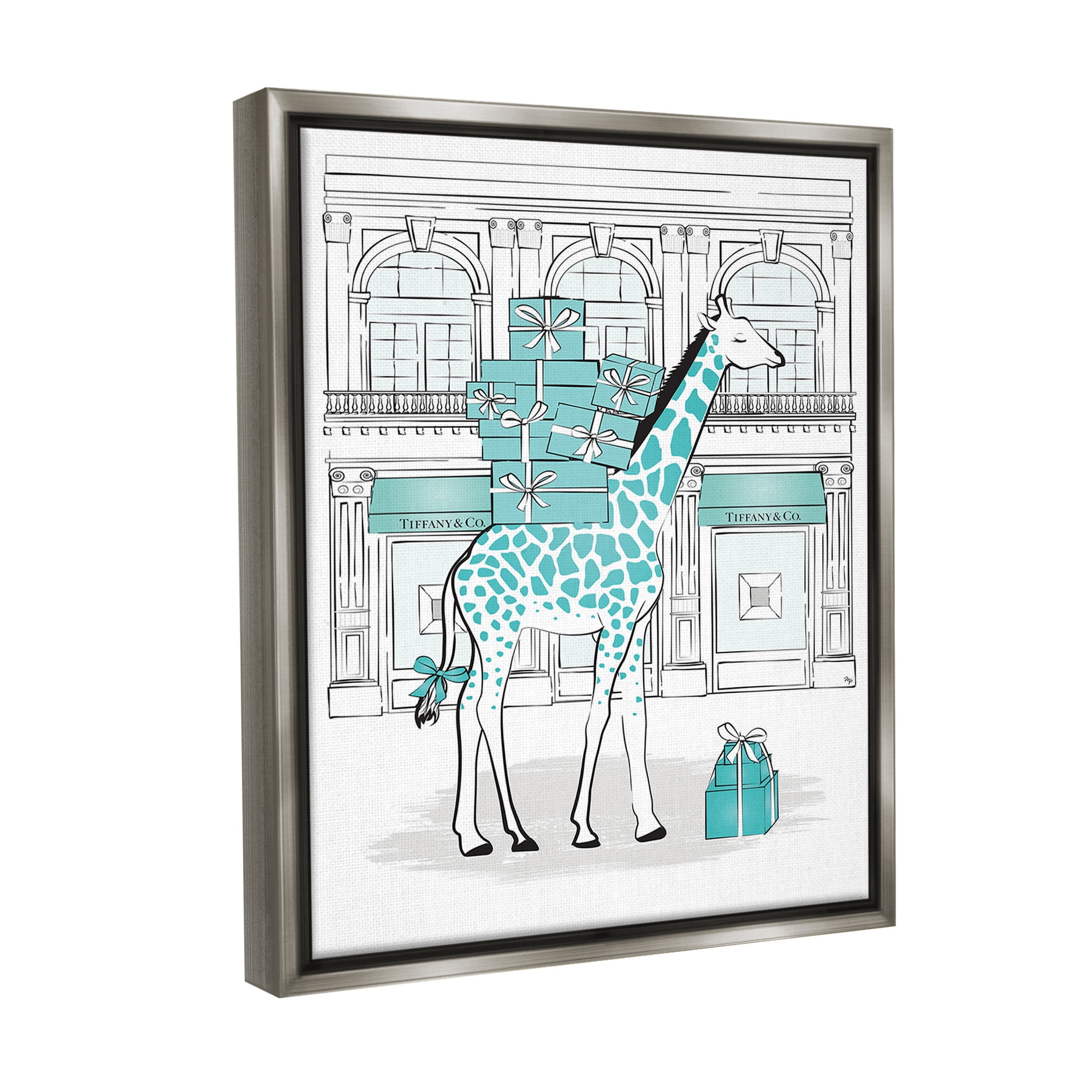 Stupell Industries Giraffe at Glam Storefront Animals & Insects Painting Gray Floater Framed Canvas Art Print Wall Art, 17 x 21