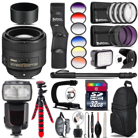 Nikon AF-S 85mm f/1.8G Lens + Pro Flash + LED Light - 32GB Accessory Bundle (International Version)