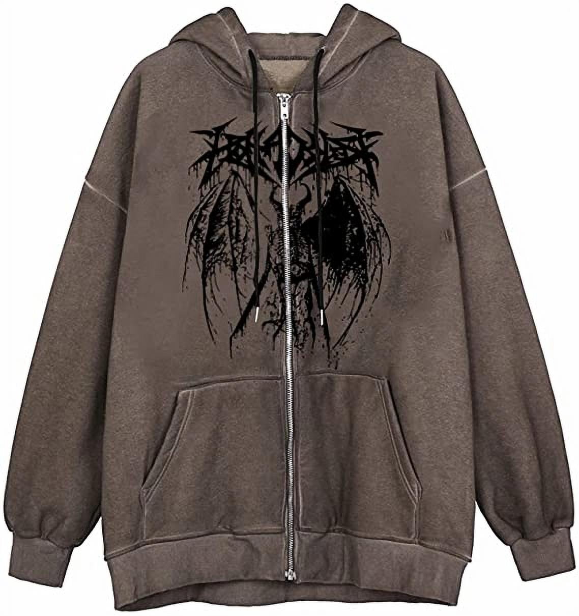 Pinkdeer Women's Y2k E-Girl Oversized Zip Up Sweatshirt Vintage Skull Hoodies Long Sleeve Top Sweater Streetwear Jacket, Size: Large, Brown