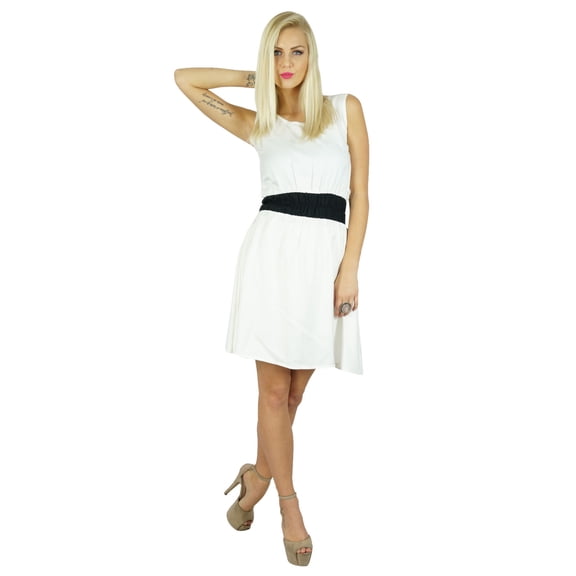 Bimba Women White Rayon Smocked waist Dress Knee Length Skater Dress