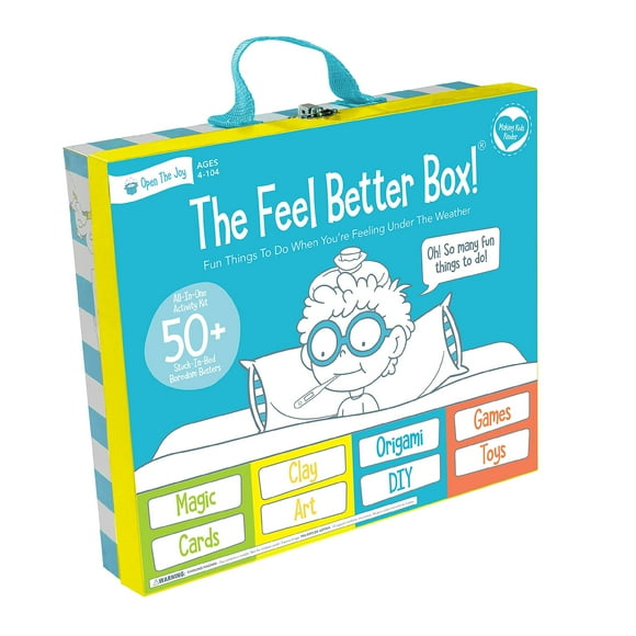 Open The Joy Feel Better Box : Panier-Cadeau pour Enfants « Get Well Soon », Plus de 50 Activités Amusantes, Jeux, Jouets, Cartes de Conversation, Origami, Art en Argile, Tours de Magie, Bricolage - Excellent Cadeau pour Enfants