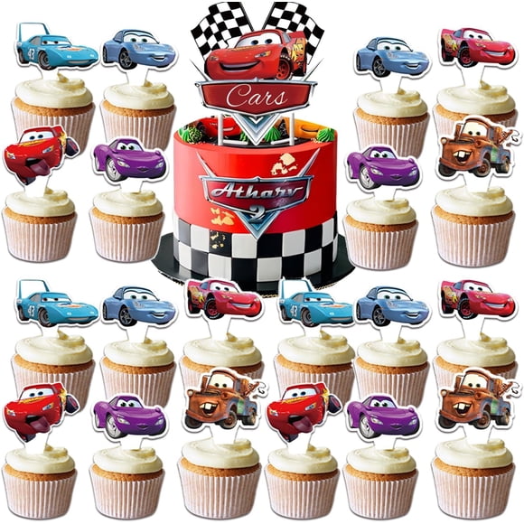 25 Pcs McQueen Cake Topper and Cupcake Toppers Set Birthday Party Supplies for Cars Themed Birthday Decorations