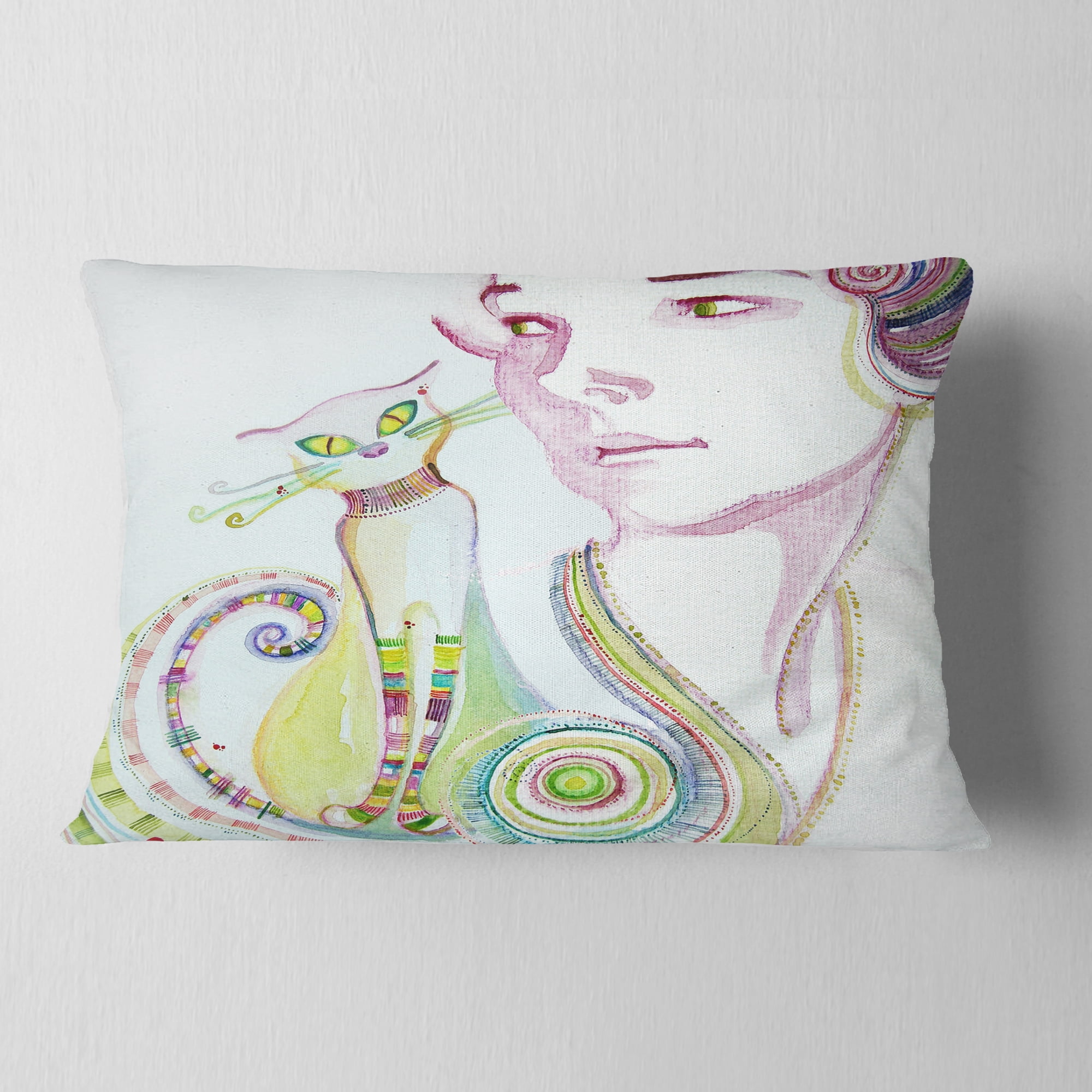 Designart Cute Girl with Cat - Abstract Portrait Throw Pillow - 12x20