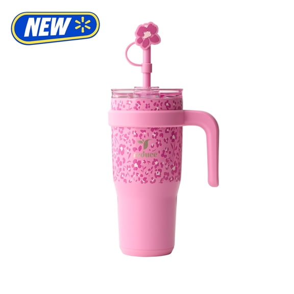 Reduce 24oz Cold1 Travel Mug with Straw and Straw Topper, Lid & Travel Handle, Insulated Stainless Steel, Cheetah Blooms