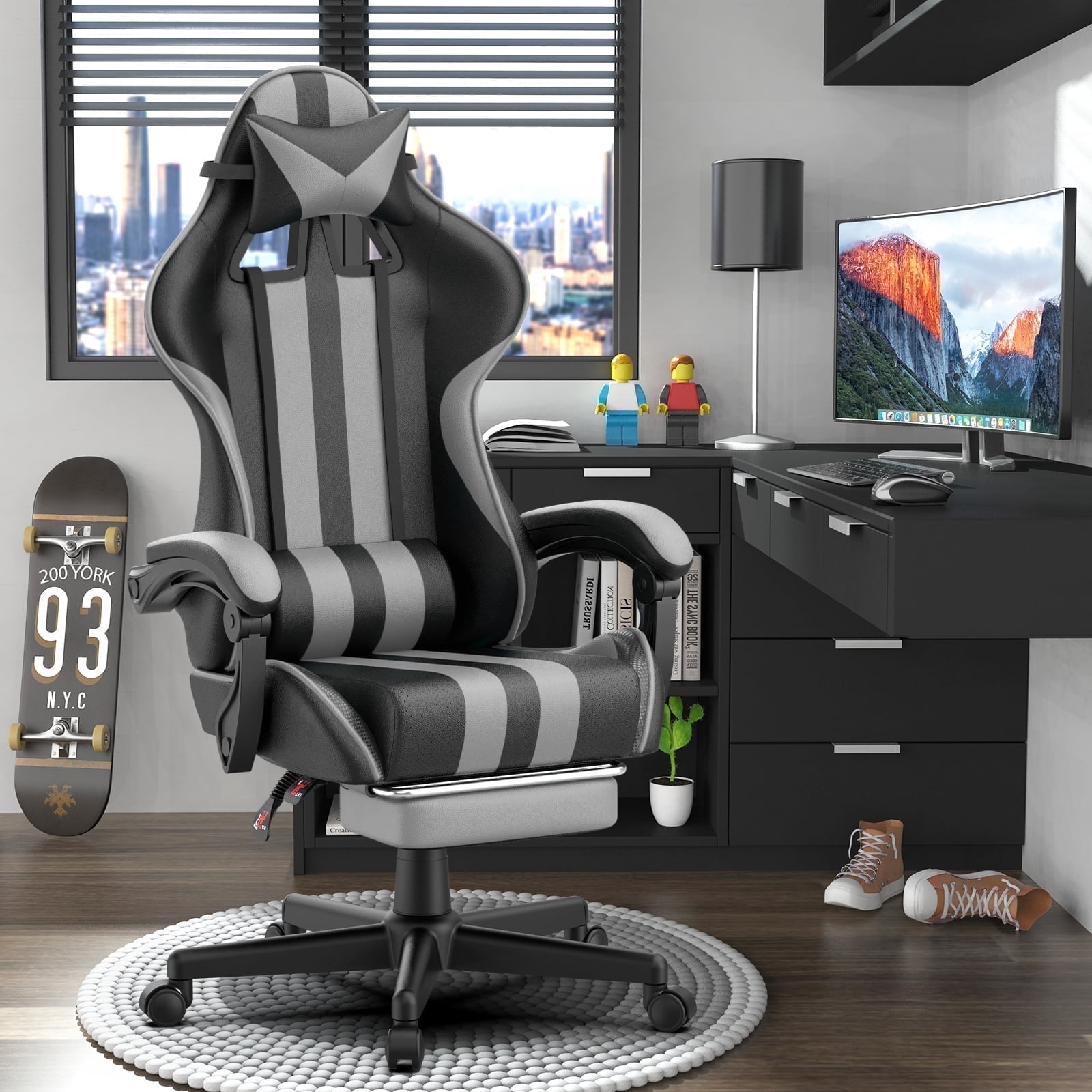 SOONTRANS Gaming Chair with footrest, Adult Gamer Game Chair with  Massage Lumbar Pillow, High Back Leather Office Chairs, Video Computer Chair, Grey