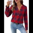 thumbnail image 2 of Camisas A Cuadros con Cuello en V para Mujer, Elegantes, Informales, con Botones, Estilo Bohemio, para el Trabajo, de Larga, para Otoño. Rojo L, 2 of 10