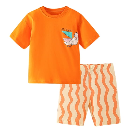 VNKIDY Boys Girls Kids Two Piece Outfit Set Cartoon Bird Print Short Sleeve Crewneck TShirts Stripe Shorts Casual Summer Set For Daily Wear Orange 5-6 Years