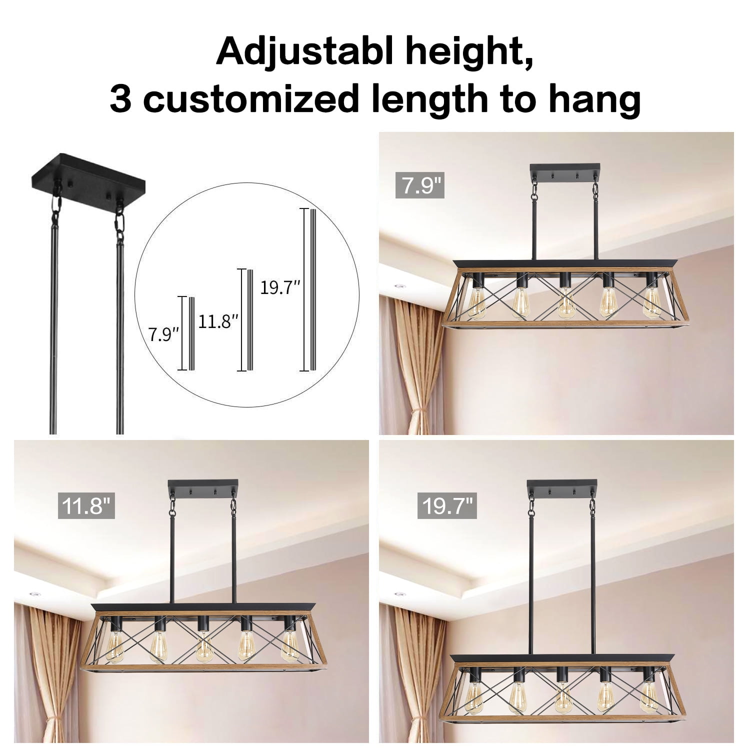 5-Light Farmhouse Chandeliers for Dining Room, Rustic Kitchen Island Light Fixture, Linear Pendant Light with Walnut Finish Rectangular Chandelier, Metal Solid Ceiling Lights