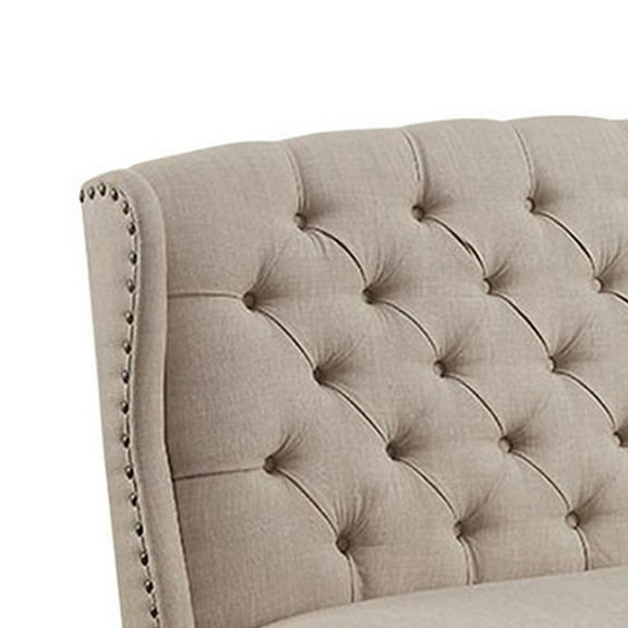 Maykoosh Rococo Romance Nailhead Trim Fabric Upholstered Wing Back Wooden Bench, Beige And Black - 48"D x 25"W x 42"H, 19" Seat Height, Button Tufted