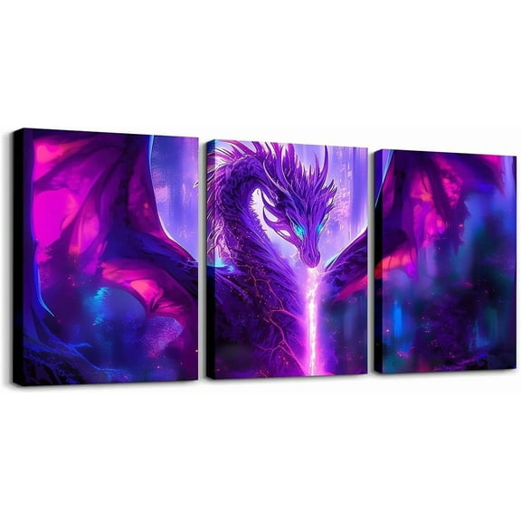 Dragon Kids Wall Art for Home Decor 3 Piece Purple Blue Nebula Dragon Canvas Posters Picture Teens Boys Decor Safari Wildlife Animals Wall Painting Outer Space Dragon Bathroom
