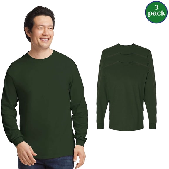 Gildan Men's Ultra Cotton Long Sleeve T-Shirt, Crewneck Rib Collar Casual Tee, Forest Green, 3-Pack, S