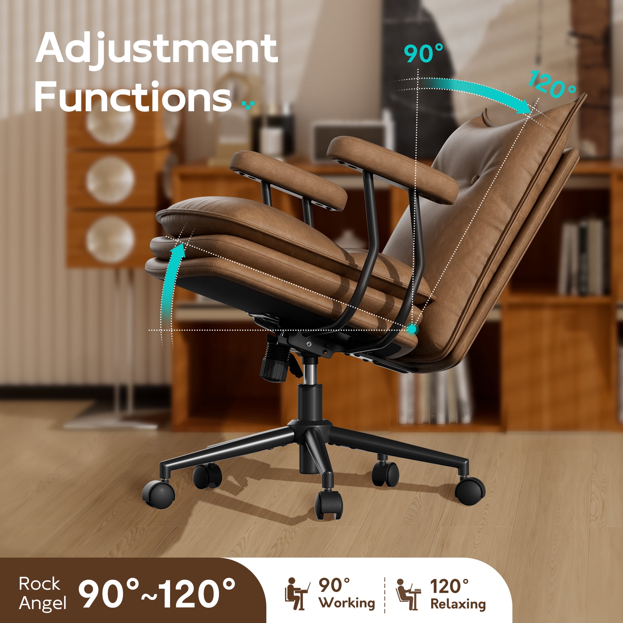 iooHug Ergonomic Brown Office Chair, PU Leather Desk Chair with Thick Cushioned Seat, Mid Back Swivel Office Chair for Home Office & Study, Adjustable Height, 300 LBS