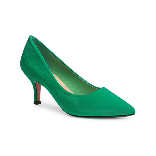 BLISSFUL STEP Women's Pointed Toe Printed Slip on Kitten Heel Pumps Green (Size 8)