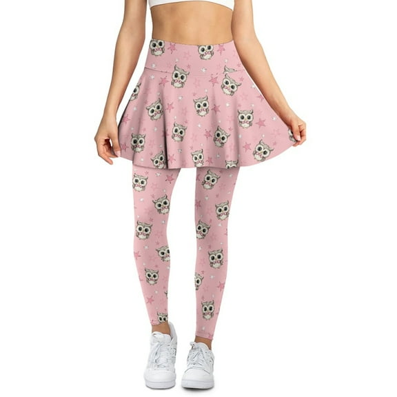 SCRAWLGOD Owl Stars Pink Yoga Skirt with Leggings for Women Tennis Golf Skorts Gym Yoga Skirt with Leggings Stretchy Washable Athletic Skirt Casual Sport Outfits, XS