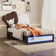 thumbnail image 3 of Churanty Kids Upholstered Platform Bed with Bear Shaped Headboard, Cute PU Twin Size Wooden Bed Frame with LED Light Strips for Boys Girls, Brown+White, 3 of 11