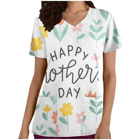 

JGGSPWM Women s Scrub Tops V Neck Short Sleeve Tees Holiday Cute Graphic Blouse Medical Uniform Happy Mothers Day Nurse Working Uniform T-shirts White XL