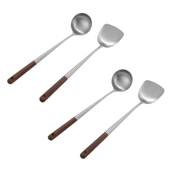 2X Wok Spatula and Ladle Tool Set, 17 Inches Spatula for Wok, Stainless Steel Wok Spatula,2 * kitchen shovel 2 * kitchen spoon,Silver