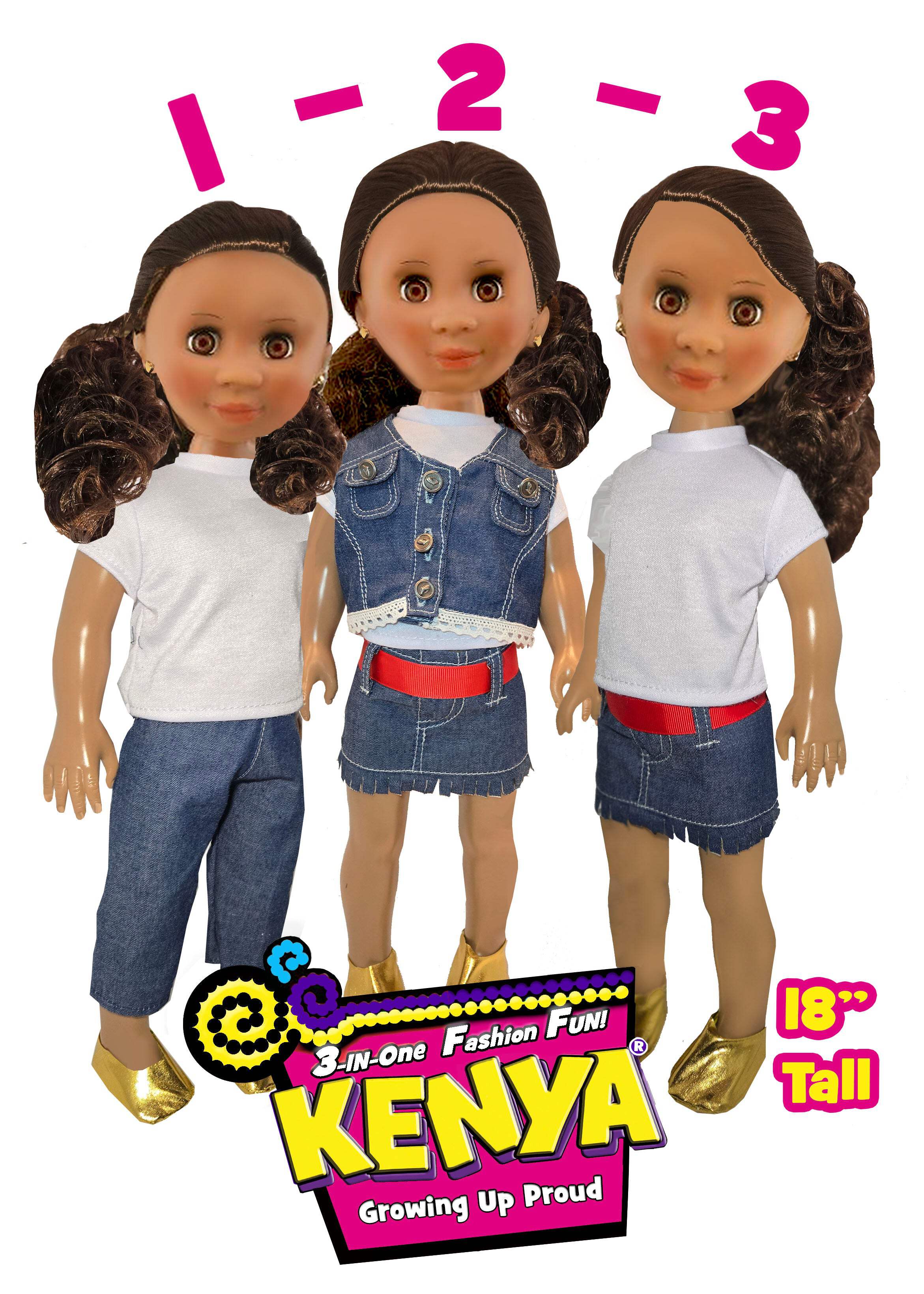 18" Pose-able Kenya Dolls. with multiple Outfits.