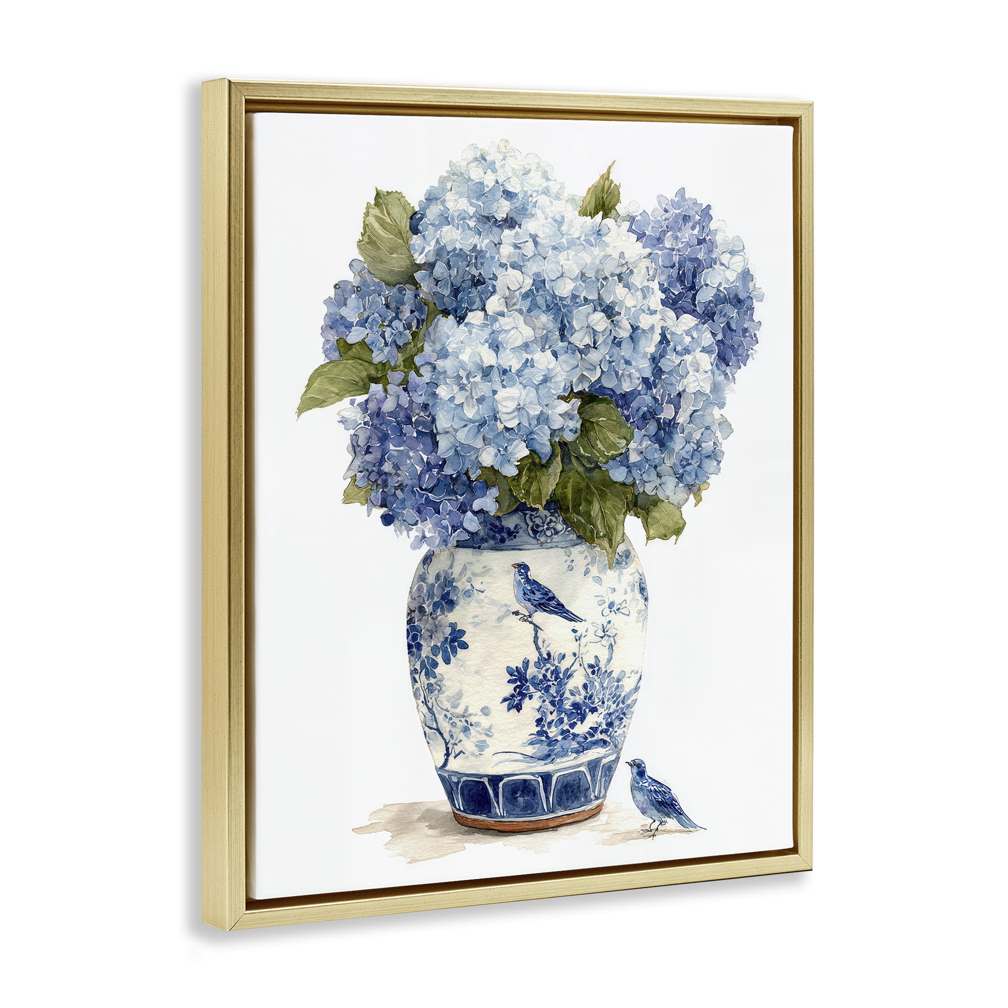 Stupell Industries Blue Bird & Hydrangea Vase Gold Framed Floater Canvas Wall Art, design by Imagine It Images