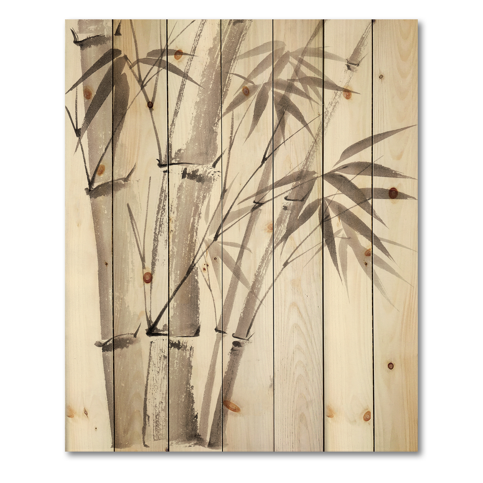 Designart 'Palm Bamboo Detail On White III' Traditional Print on Natural Pine Wood