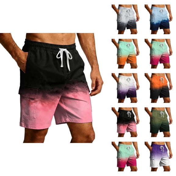 Cargo Shorts for Men Summer Casual Color Block Tie Dye Elastic Waist Straight Leg Beach Shorts with Pockets