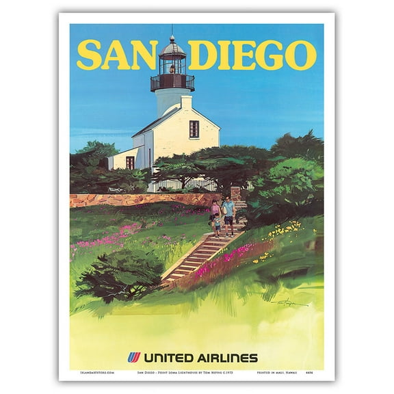 San Diego California - Old Point Loma Lighthouse - Vintage Airline Travel Poster by Tom Hoyne c.1973 - Master Art Print (Unframed) 9in x 12in