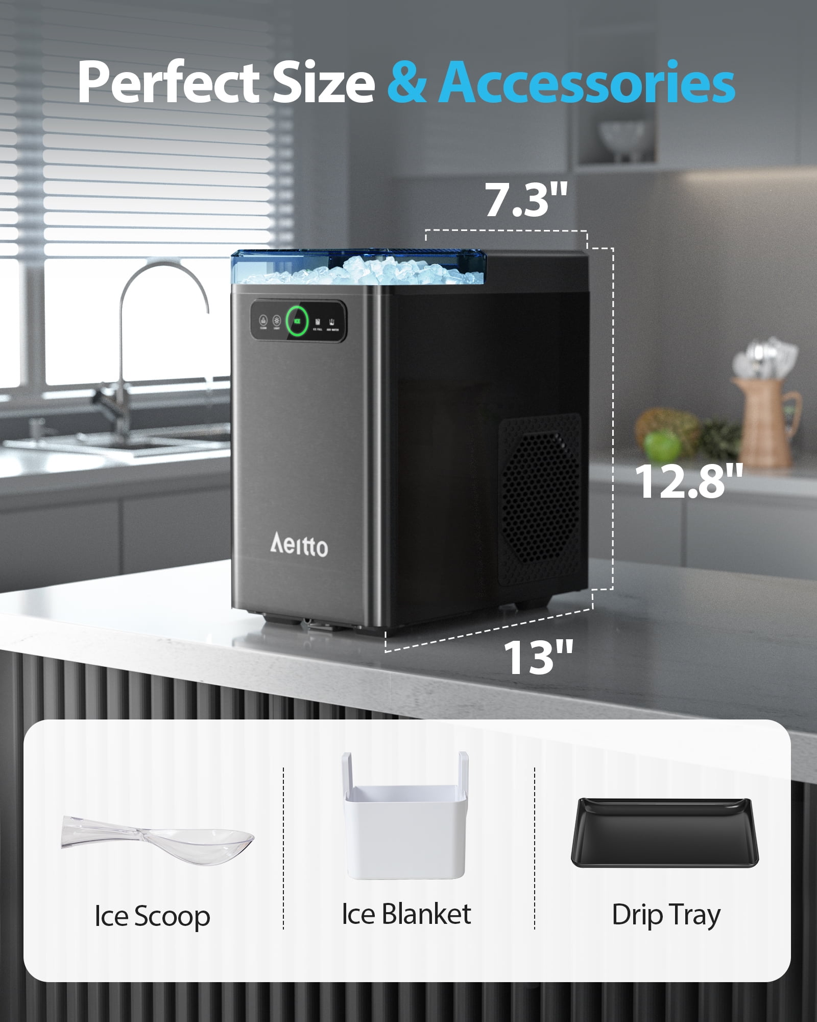 Aeitto Nugget Ice Maker Countertop, Pellet Ice Machine Soft Chewable Ice 40lbs/Day, One-Click Operation, Auto Self-Cleaning Crushed Ice Makers Stainless with Scoop for Home/Kitchen/Office Black
