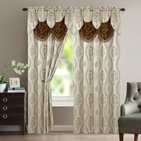 - Aurora Tree Leaf Jacquard Window Panel with Attached Valance, Beige, 54x84 Inches