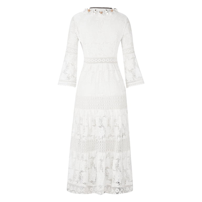 V Neck Dress Long Sleeve for Women Women's Fashion Lace Three Quarter Sleeve  Evening Dress Party Dress Swallowtail V Neck Sweater Dress with Pockets  Belted Maxi Dress - Walmart.com