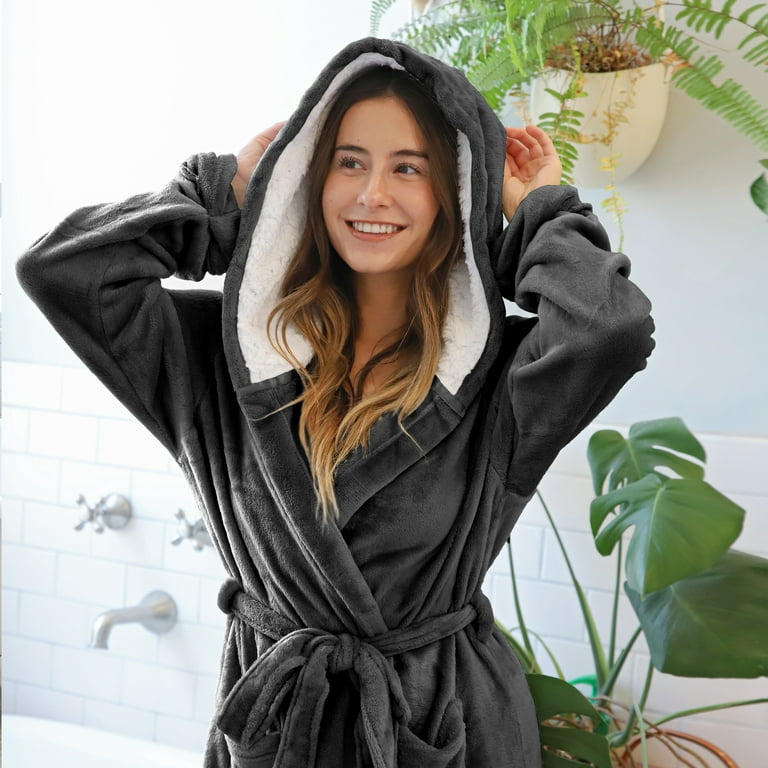 Tirrinia Super Soft Fluffy Hooded Robe Long Plush Fuzzy Bathrobe for Women  with Hood Sherpa Lined, Machine Washable, Black