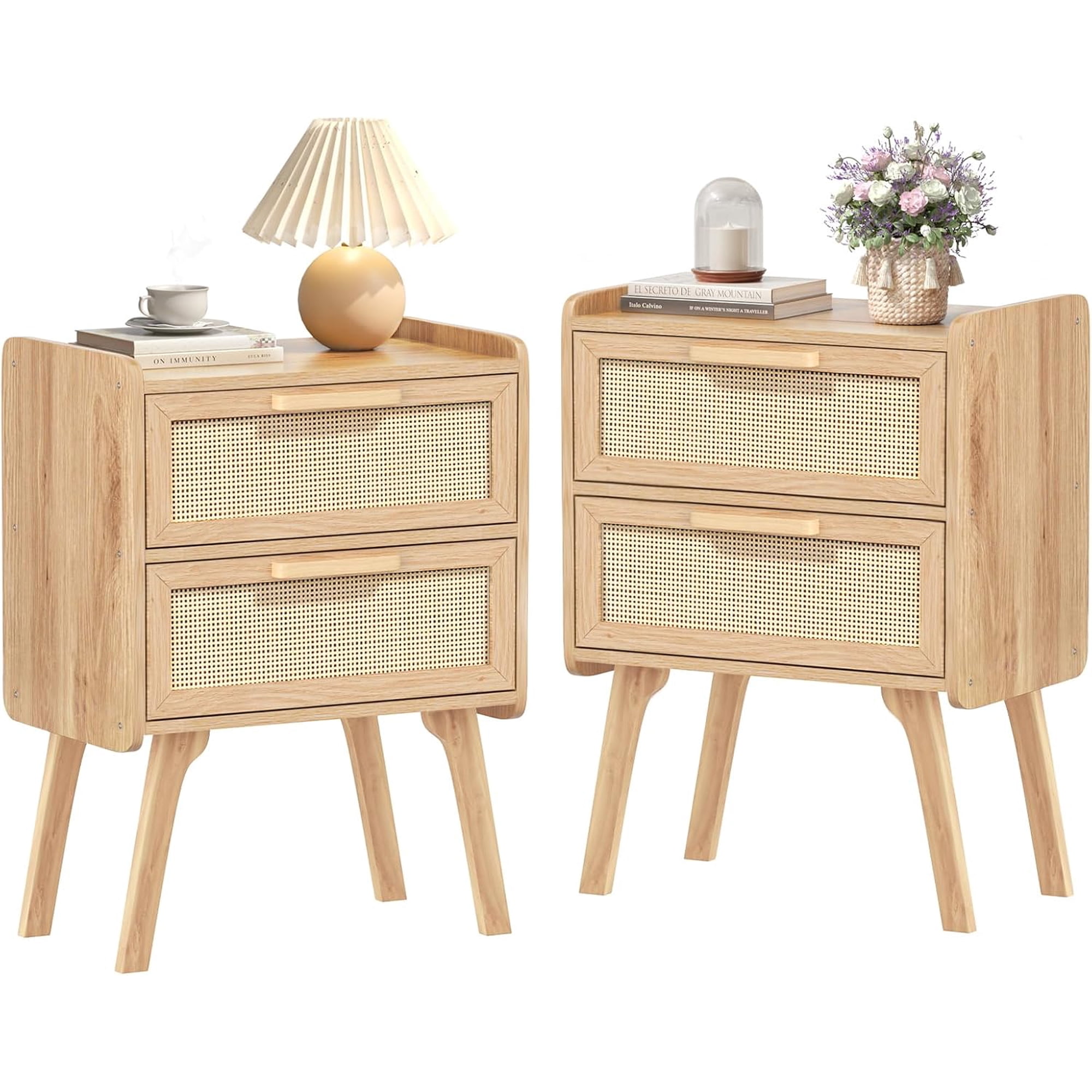 Lerliuo Rattan Nightstands Set of 2 for Bedroom 2 Drawers | Natural Bed Side End Tables with Solid Wood Legs Bedside Table for Bedroom Dorm and Small Spaces