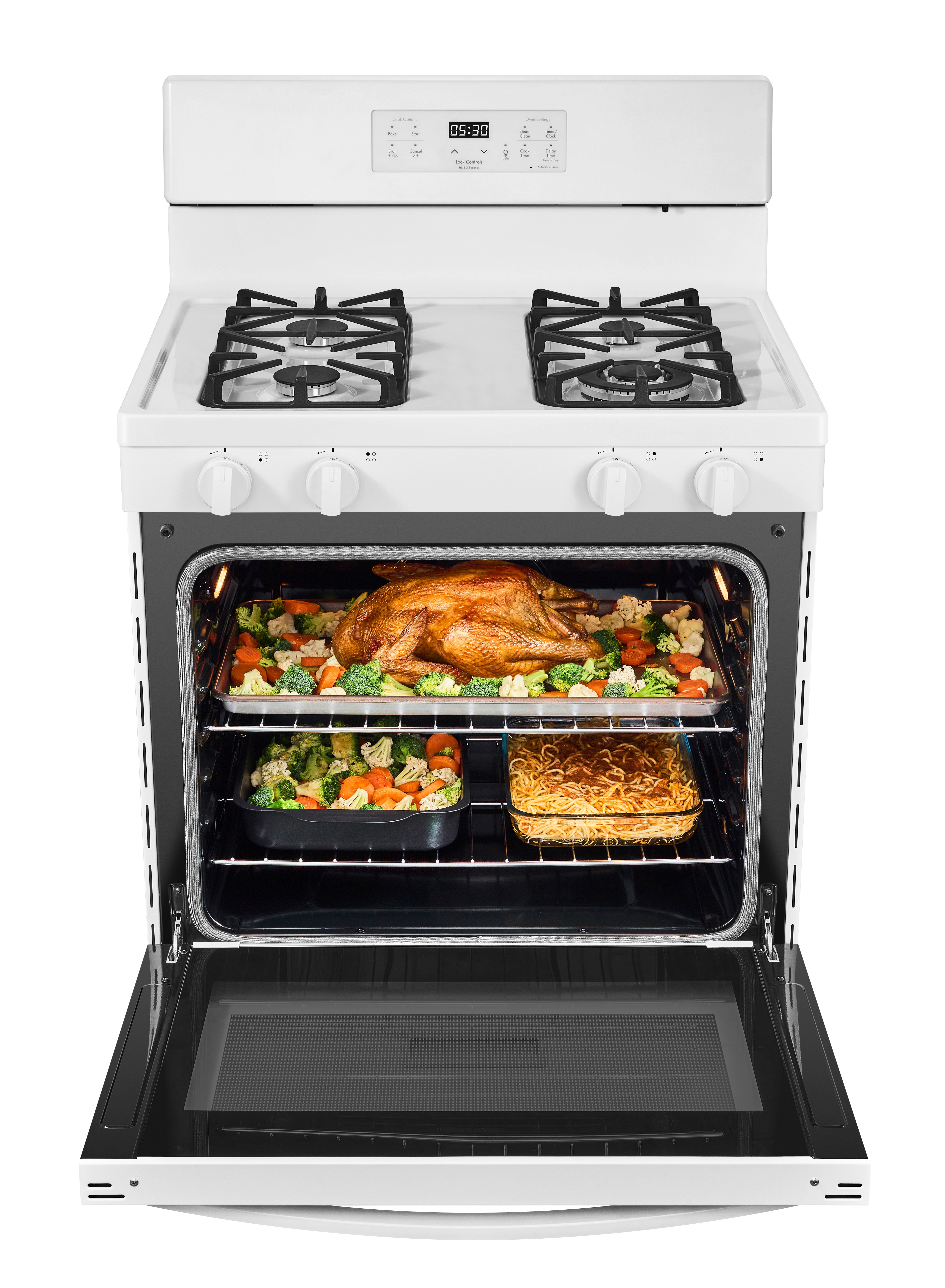 Kenmore 30" Rear-Control 4-Burner Gas Range with Oven with Cast Iron Grates, Steam Clean, White, 5.2 Cu. ft