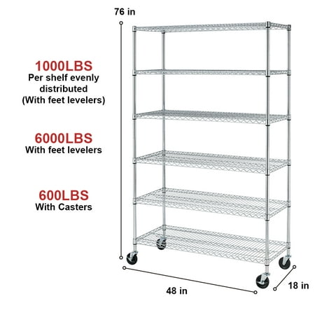 6 Shelf Shelving Unit With Wheels, Storage Metal Shelf Wire Shelving Unit With Wheels