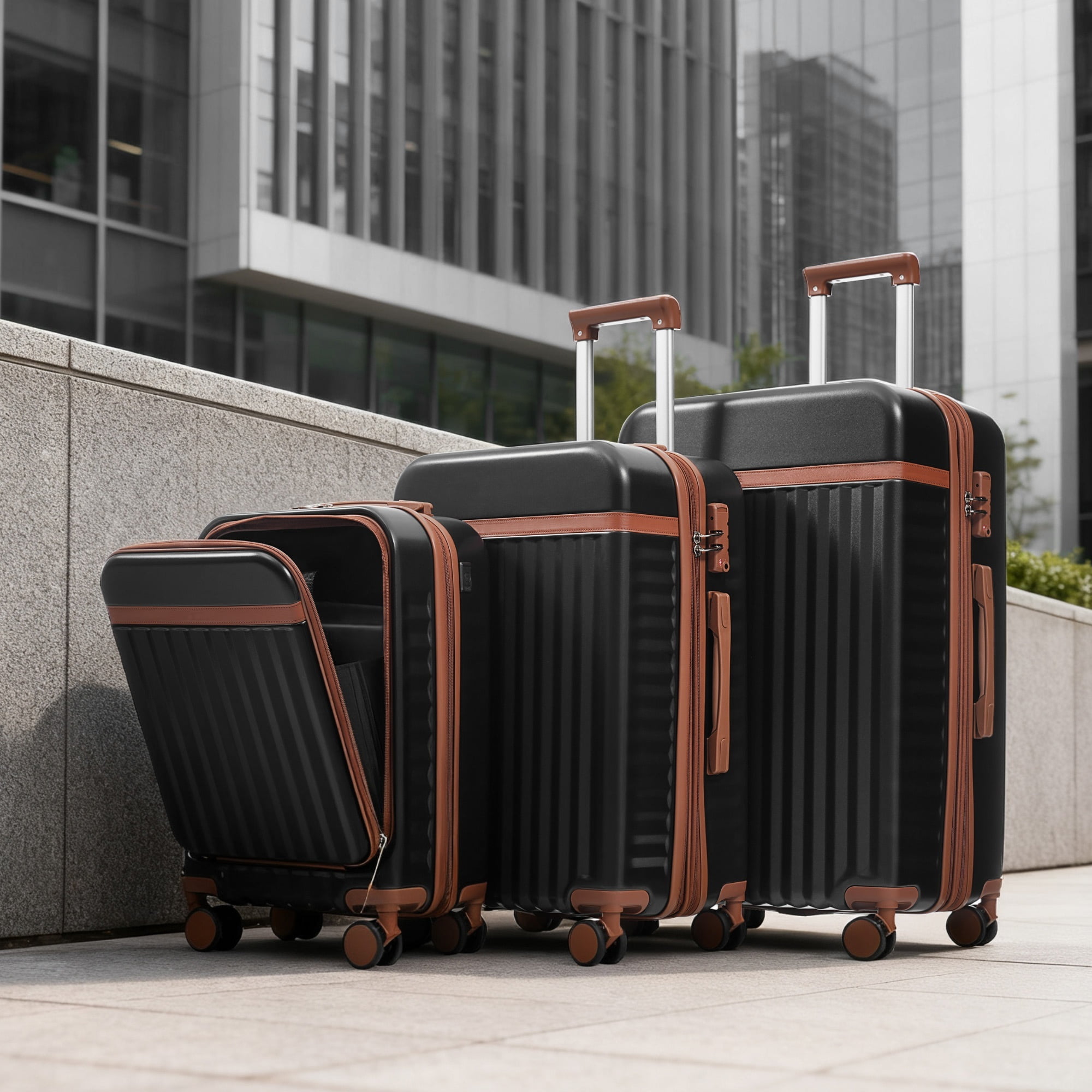Euroco 3 Piece Front Opening Luggage Set, Hardshell Expandable Carry on Suitcase with Spinner Wheels,USB Port & TSA Lock, Lightweight Luggage for Travel,20in/24in/28in,Black