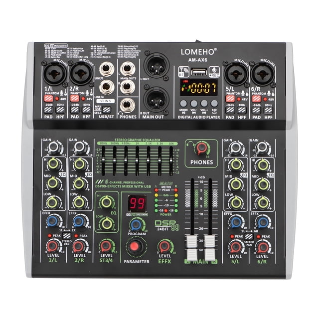 6 Channel Mixing Console Bluetooth 7 Band EQ Sound Mixer 48V 99 DSP Effects Professional USB PC AM-AX6