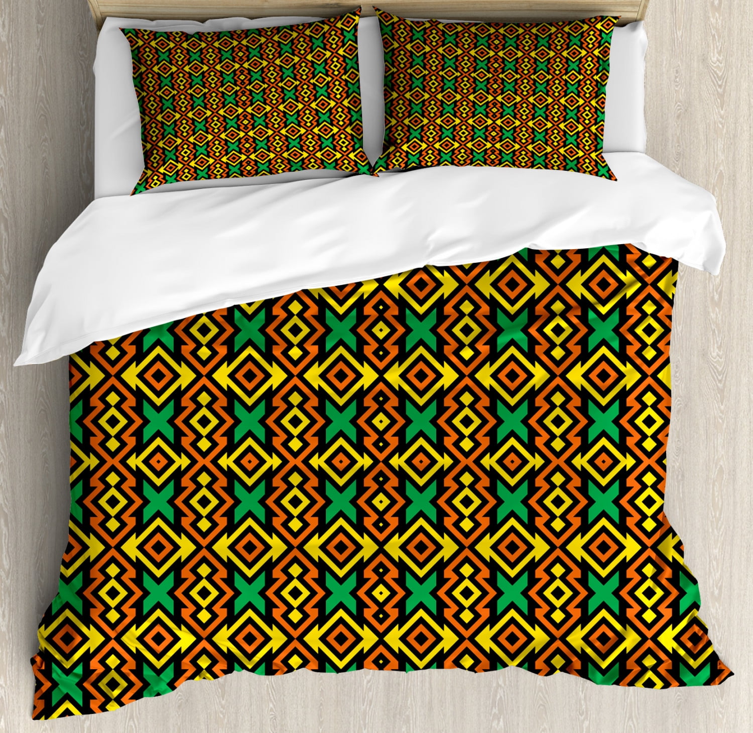 Kente Pattern Queen Size Duvet Cover Set, Exotic African Vertical