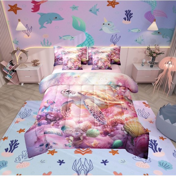 Erosebridal Sea Turtle Bed in a Bag Twin size, Pink Ocean Bed Set, Kawaii Seashell Reversible Bedding Twin Size, Super Cozy Room Decor, 7-Piece