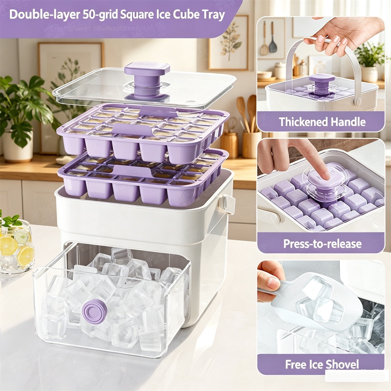 50 Cube Ice Maker With Easy Press Lid, Double Layer Portable Ice Cube Container with Lid and Storage Box for Freezer, Handled Press-Type Ice Cube Tray with Lid and Bin for Whiskey, Cocktail
