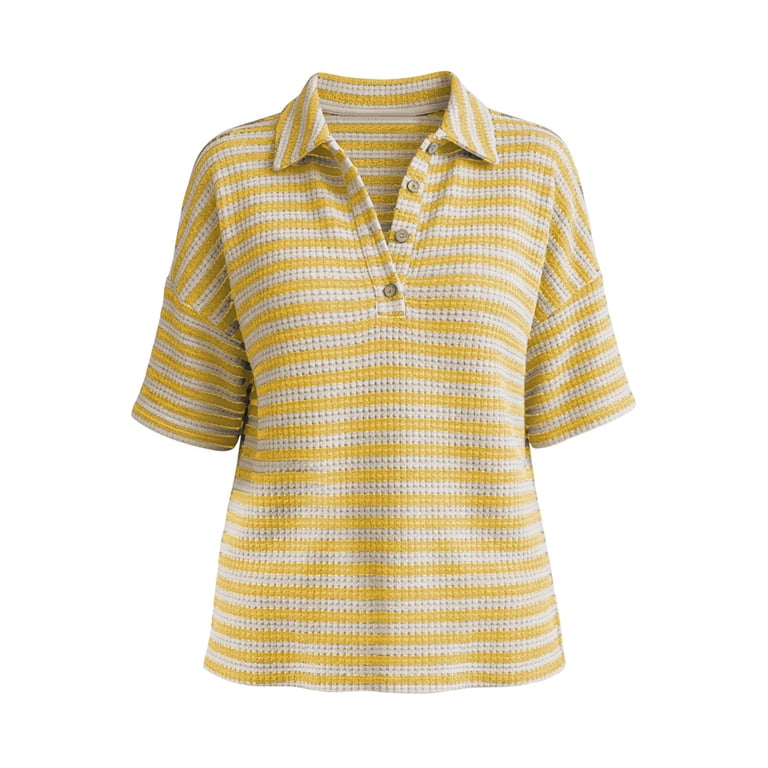 Shrysg Women's Waffle Polo Shirts Casual Striped Knit Short Sleeve