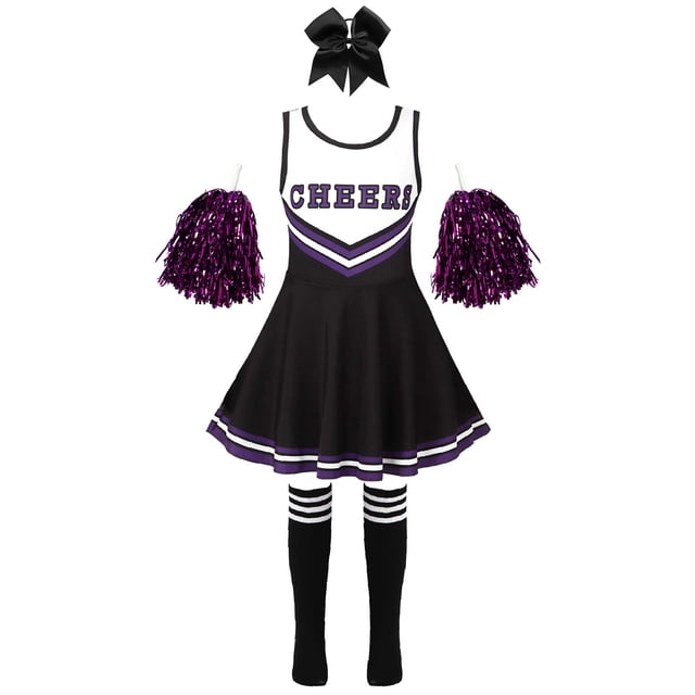 Manyakai Robe de Cheerleading pour Filles Enfants Tenue de Performance Tenue de Danse Costumes de Cheerleader avec Pompons Ensemble de Chaussettes Noir E 130