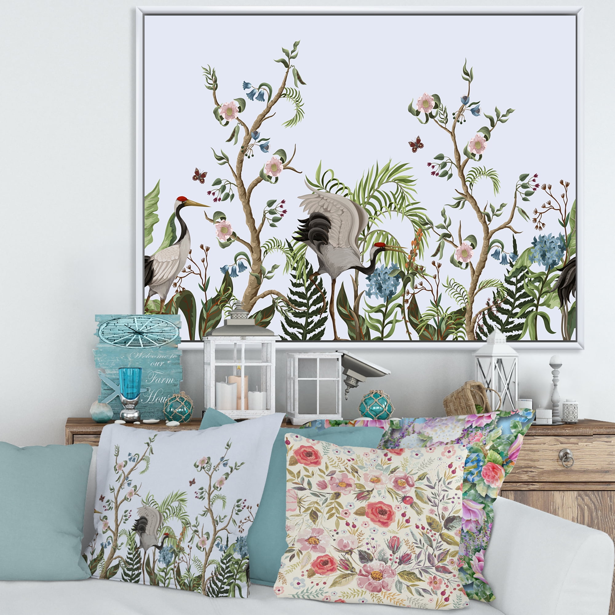 Designart 'Border With Peonies and Cranes In Chinoiserie Style' Traditional Framed Canvas Wall Art Print