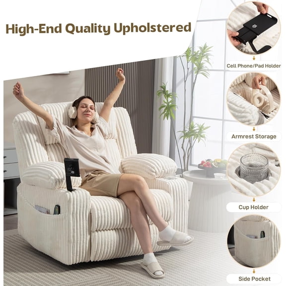 Power Swivel Rocker Recliner Chair for Adults with Massgae and Heat, USB and Type-C Charging Port, Infinite Position, Electric Glider Rocking Chairs for Living Room, Nursery