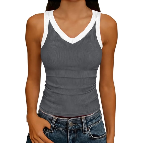 AUNVITO Women's V-Neck Sleeveless Tank Top Casual Summer Style Ribbed Texture Breathable and Stretchy
