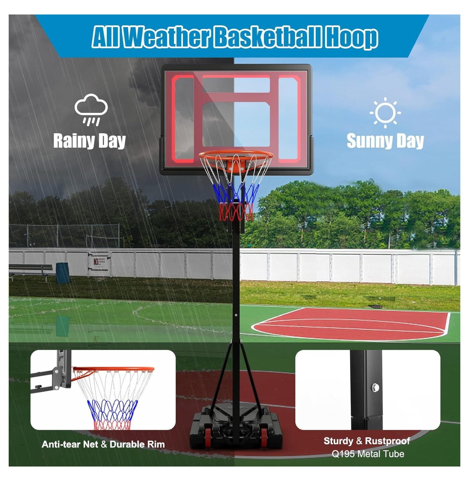 Portable Basketball Hoop, 5 FT to 10 FT Adjustable Basketball Goal with 10 Heights, All Weather Basketball Stand System with Weight Bag & Wheels, for Youth Adult, Indoor Outdoor Pool, Court