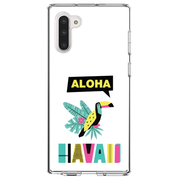 DistinctInk Clear Shockproof Hybrid Case for Samsung Galaxy Note 10 (6.3" Screen) - TPU Bumper, Acrylic Back, Tempered Glass Screen Protector - Summer Graphics - Aloha Hawaii Yellow Teal Pink